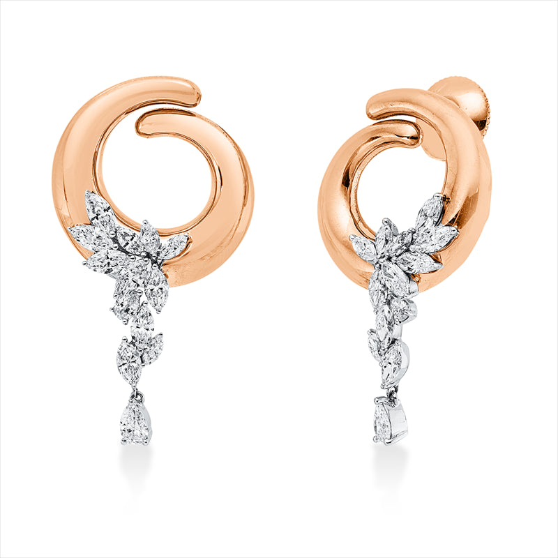 Ohrschmuck 18 kt RG+WG, 4 Tropfen 0,26 ct, TW-si, 22 Nav. 1,14 ct, TW-si