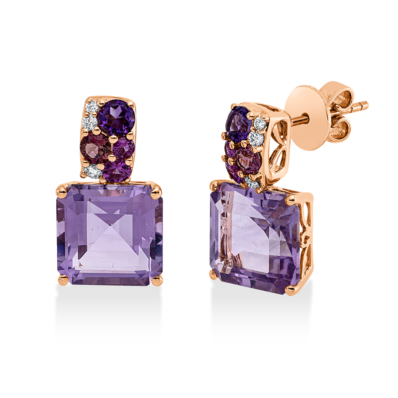 Ohrschmuck 18 kt RG, 6 Brill. 0,11 ct, TW-si, 2 Amethyste 10,00 ct pink, 2 Turmalin 0,30 ct pink, 2 Amethyste 0,30 ct lila, 4 Saphire 0,29 ct pink