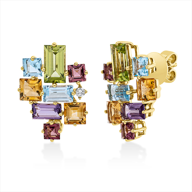 Ohrstecker 18 kt GG, 2 Brill. 0,06 ct, TW-si, 6 Farbsteine 3,10 ct multicolor, 10 Farbsteine 2,90 ct
