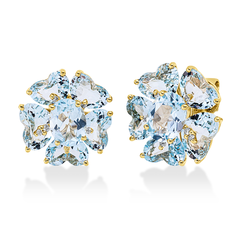 Ohrstecker 18 kt GG, 12 Brill. 0,09 ct, TW-si, 2 Topase 3,10 ct sky blue, 10 Topase 10,80 ct sky blue