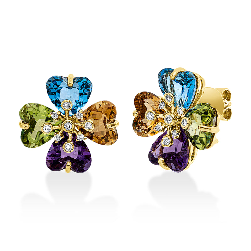 Ohrstecker 18 kt GG, 18 Brill. 0,17 ct, TW-si, 8 Farbsteine 11,40 ct multicolor