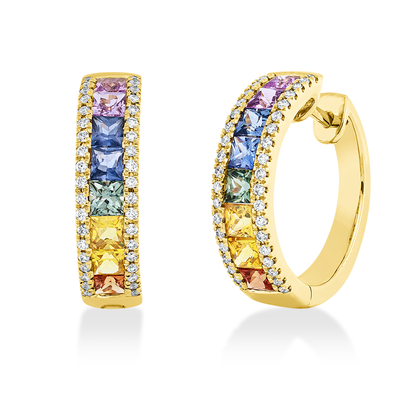 Creolen 18 kt GG, 76 Brill. 0,30 ct, TW-si, 16 Saphire 2,50 ct fancy