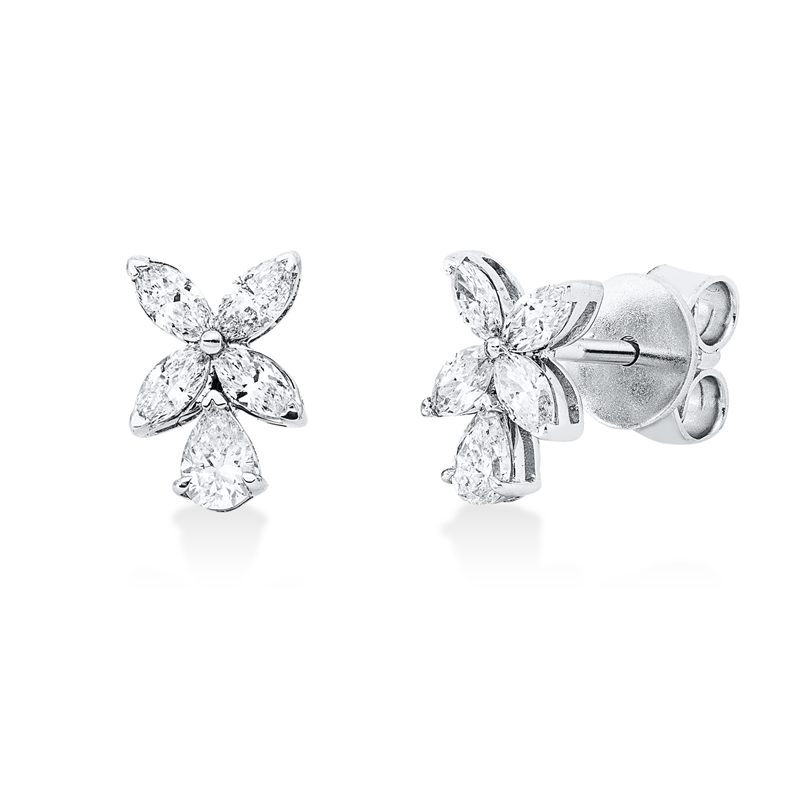 Ohrschmuck 18 kt WG, 2 Tropfen 0,17 ct, TW-si, 8 Nav. 0,36 ct, TW-si
