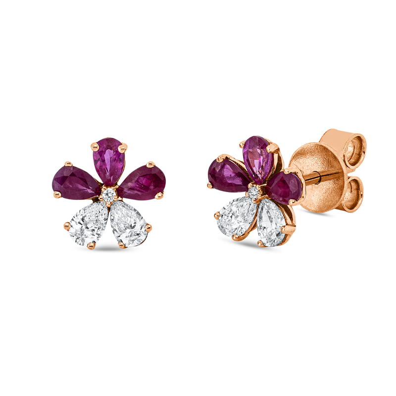 Ohrstecker 18 kt RG, 4 Tropfen 0,50 ct, TW-si, 2 Brill. 0,02 ct, TW-si, 6 Rubine 0,81 ct rot