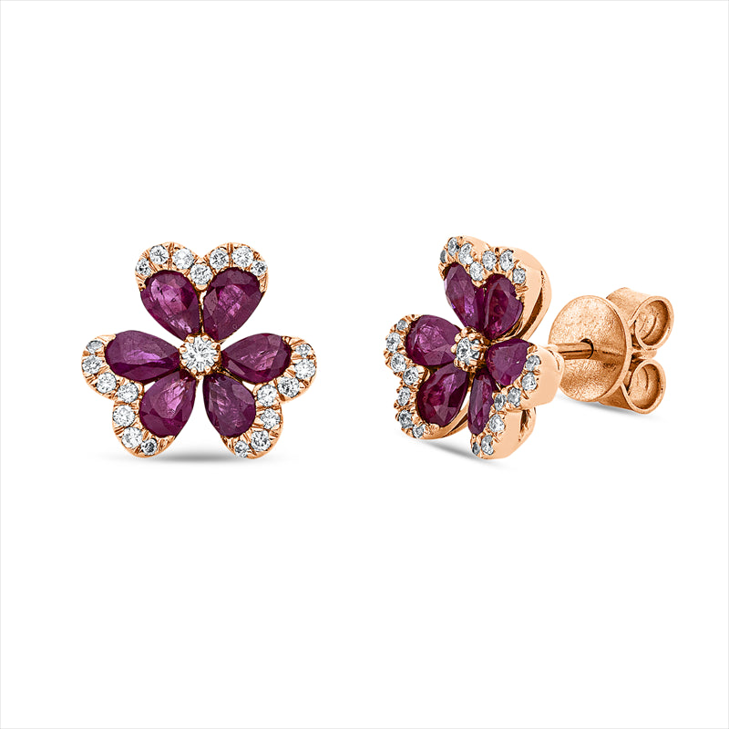Ohrstecker 18 kt RG, 2 Brill. 0,05 ct, TW-si, 42 Brill. 0,20 ct, TW-si, 12 Rubine 1,63 ct rot