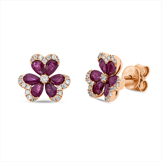 Ohrstecker 18 kt RG, 2 Brill. 0,05 ct, TW-si, 42 Brill. 0,20 ct, TW-si, 12 Rubine 1,63 ct rot