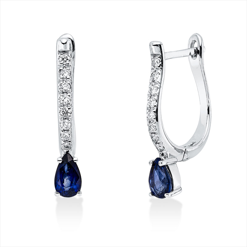 Creolen 18 kt WG, 16 Brill. 0,13 ct, F-si, 2 Saphire 0,60 ct blau