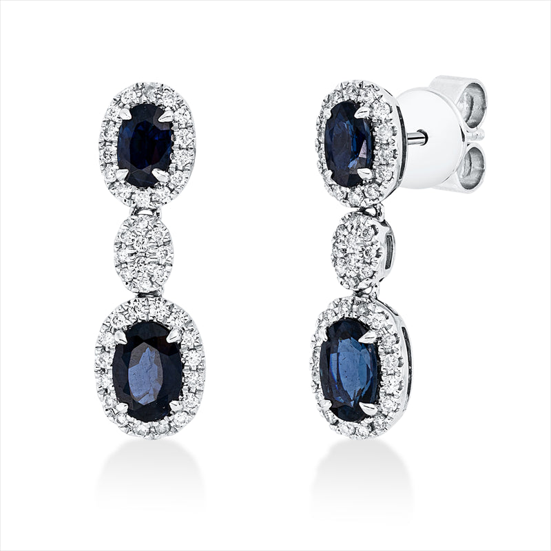 Ohrschmuck 18 kt WG, 80 Brill. 0,28 ct, TW-si, 4 Saphire 1,61 ct blau