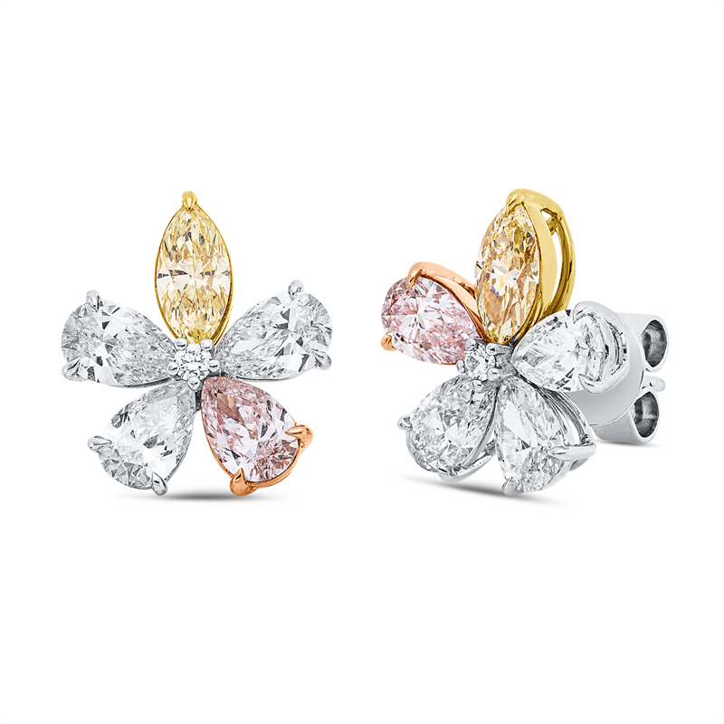 Ohrstecker 18kt,2 Nav.0,73ct,gelb,2 Tropfen 0,65ct,pink-vsi/si,6 Tropfen 1,90ct,2 Brill.0,04ct,TW-vsi/si