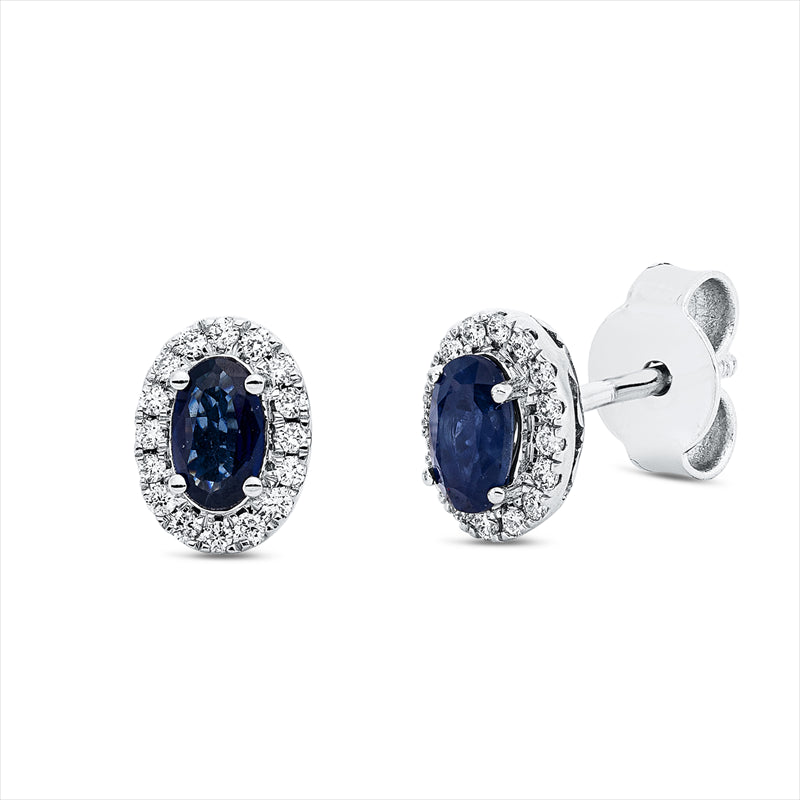 Ohrstecker 18 kt WG, 32 Brill. 0,13 ct, TW-si, 2 Saphire 0,46 ct blau