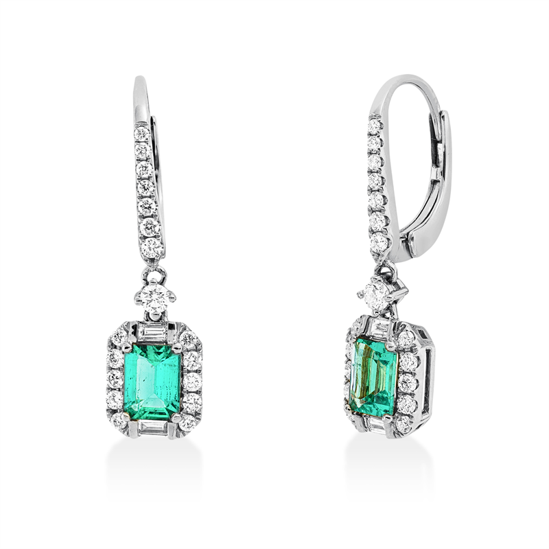 Ohrschmuck 18 kt WG, 4 Bag. 0,13 ct, TW-si, 36 Brill. 0,46 ct, TW-si, 2 Smaragde 1,06 ct grün