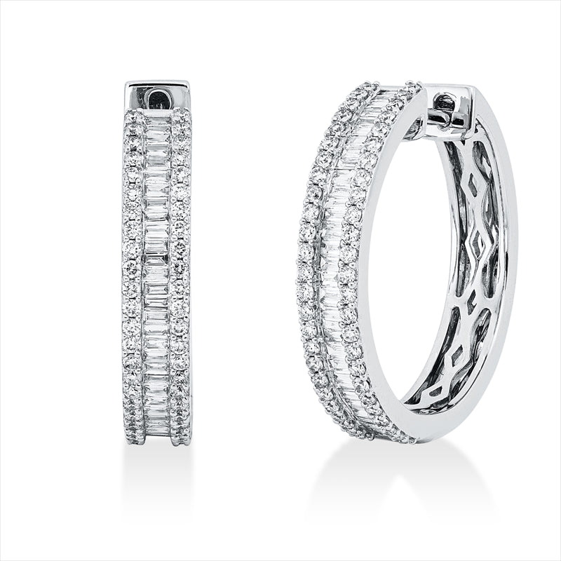 Creolen 18 kt WG, 66 Bag. 0,29 ct, TW-si, 100 Brill. 0,40 ct, TW-si