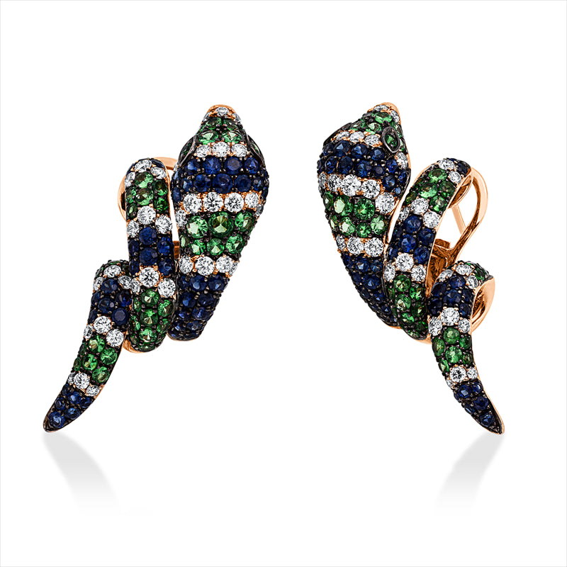 Creolen 18 kt RG, 74 Brill. 1,34 ct, TW-vsi/si, 106 Saphire 1,94 ct blau, 94 Tsavorith 1,90 ct grün