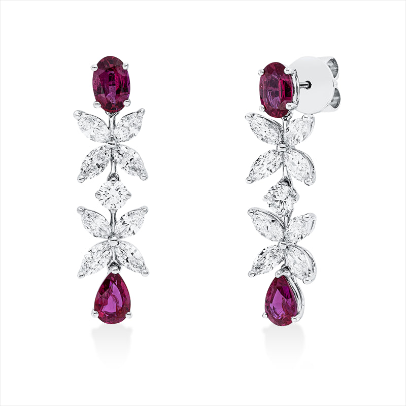 Ohrschmuck 18 kt WG, 16 Nav. 1,64 ct, F-vvs/vs, 2 Brill. 0,28 ct, F-vvs/vs, 4 Rubine 2,10 ct rot