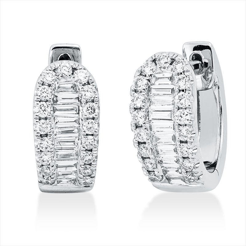 Creolen 14 kt WG, 20 Bag. 0,12 ct, TW-vsi, 34 Brill. 0,15 ct, TW-si