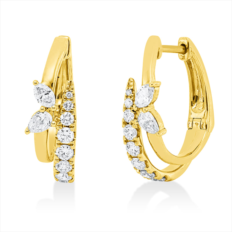 Creolen 18 kt GG, 2 Tropfen 0,14 ct, TW-si, 2 Nav. 0,13 ct, TW-si, 16 Brill. 0,36 ct, TW-si