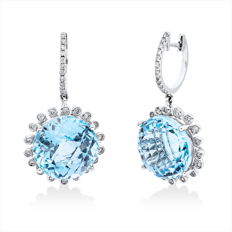 Ohrschmuck 18 kt WG, 60 Brill. 0,59 ct, I-si, 2 Topase 28,38 ct blau