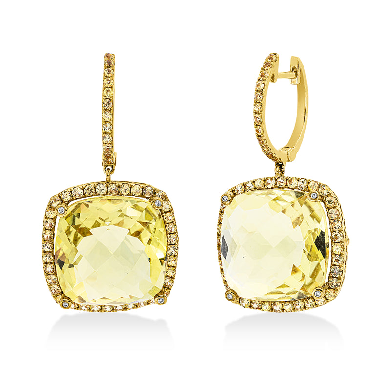 Ohrschmuck 18 kt GG, 12 Brill. 0,04 ct, I-pi, 2 Lemonquarz 31,49 ct grün, 96 Saphire 1,57 ct gelb