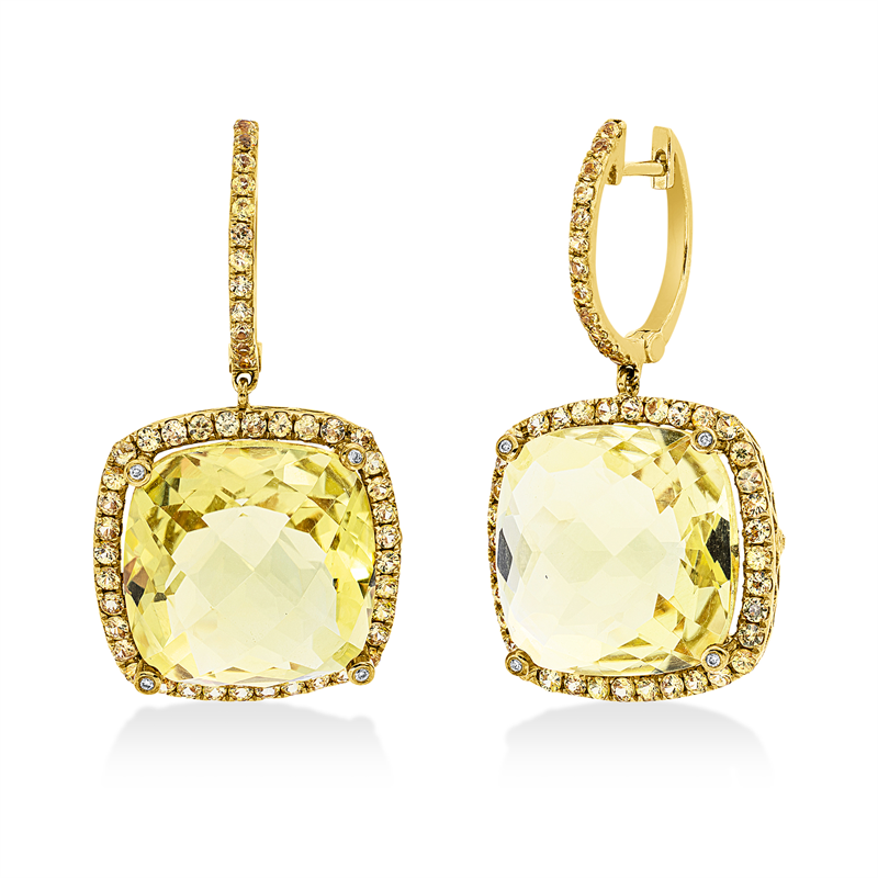 Ohrschmuck 18 kt GG, 12 Brill. 0,04 ct, I-pi, 2 Lemonquarz 31,49 ct grün, 96 Saphire 1,57 ct gelb