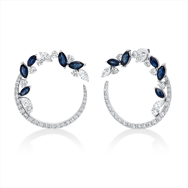 Ohrstecker 18 kt WG, 6 Nav. 0,86 ct, F-vsi, 70 Brill. 1,96 ct, F-vsi, 10 Saphire 2,71 ct blau
