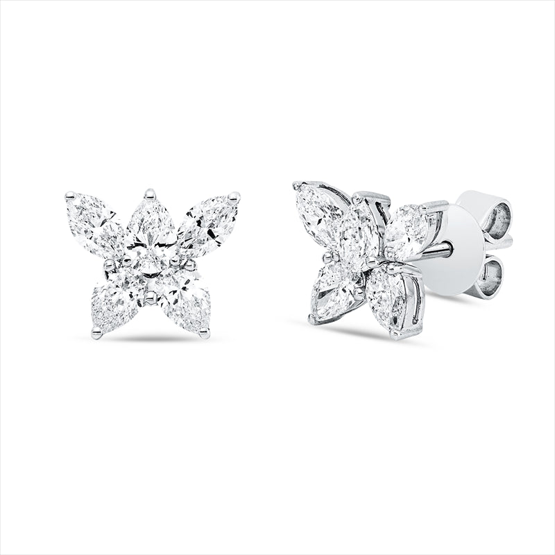 Ohrstecker 18 kt WG, 6 Tropfen 0,90 ct, F-vsi, 4 Nav. 0,57 ct, F-vsi