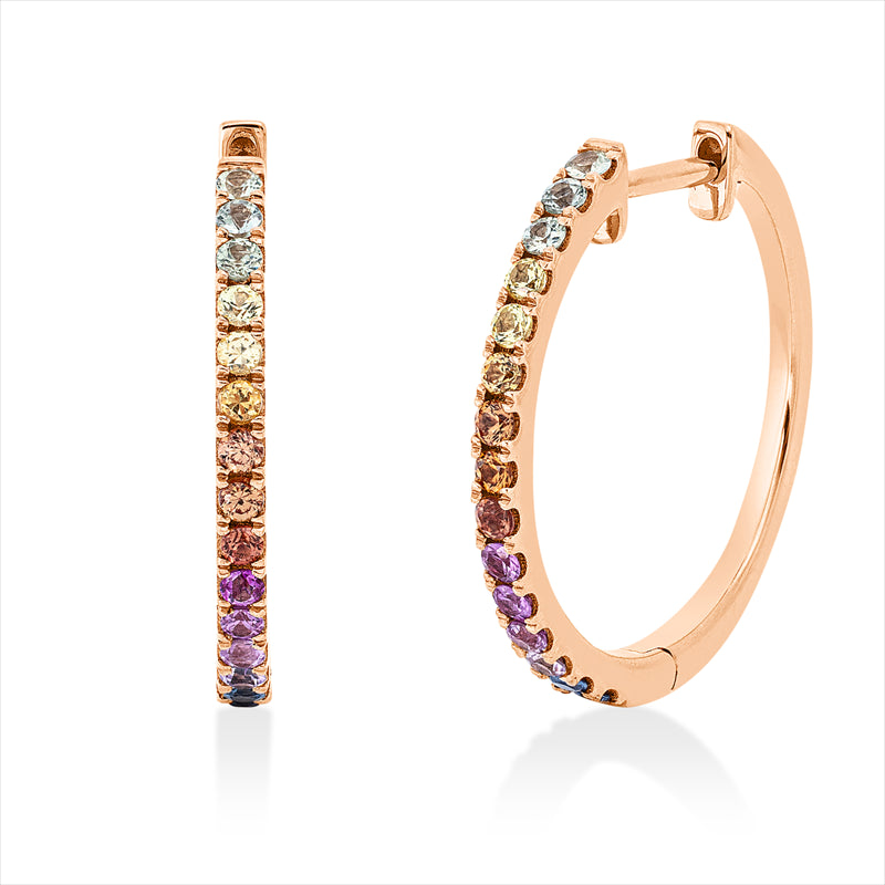 Creolen 18 kt RG, green,yellow,orange,pink,blue, 30 Saphire 0,58 ct fancy