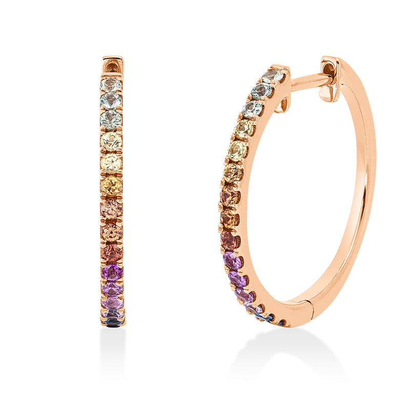 Creolen 18 kt RG, green,yellow,orange,pink,blue, 30 Saphire 0,58 ct fancy