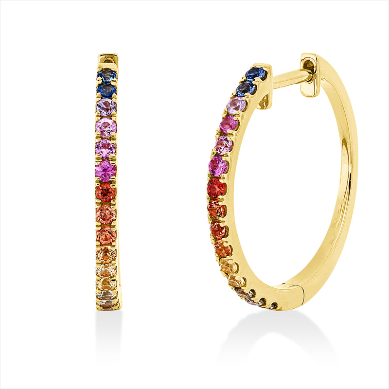 Creolen 18 kt GG, blue,pink,orange,yellow,green, 30 Saphire 0,58 ct fancy