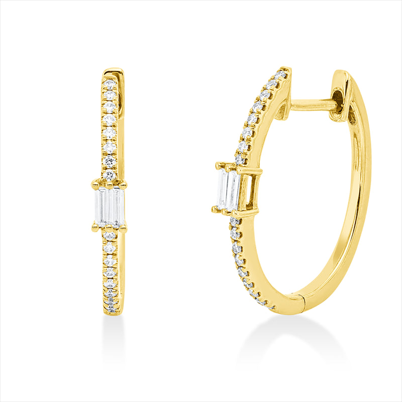 Creolen 18 kt GG, 4 Bag. 0,09 ct, TW-si, 34 Brill. 0,11 ct, TW-si