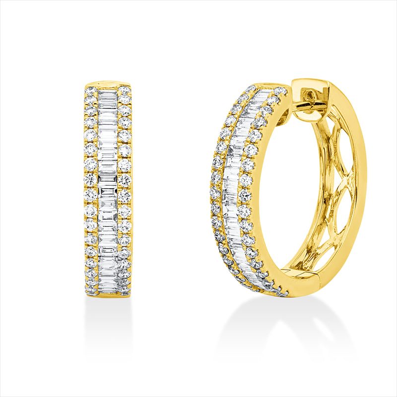 Creolen 18 kt GG, 46 Bag. 0,52 ct, TW-si, 72 Brill. 0,53 ct, TW-si