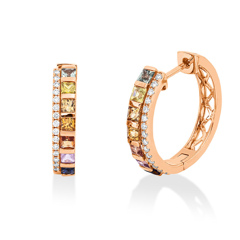 Creolen 18 kt RG, 30 Brill. 0,17 ct, TW-si, 14 Saphire 1,26 ct multicolor