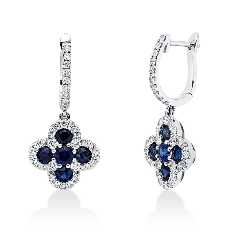 Ohrschmuck 18 kt WG, 68 Brill. 0,97 ct, TW-si, 2 Saphire 0,41 ct blau, 8 Saphire 1,12 ct blau