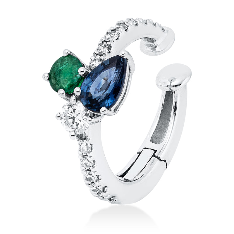 Creolen 18 kt WG, Ohrmanschette,15 Brill. 0,16ct, TW-pi, 1 Saphir 0,28ct blau, 1 Smaragd 0,11ct grün