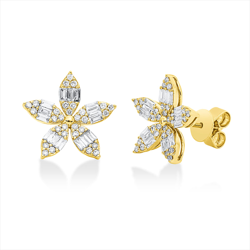 Ohrstecker 18 kt GG, 30 Bag. 0,41 ct, TW-vsi, 60 Brill. 0,29 ct, TW-si