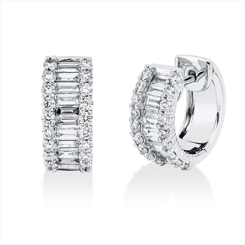 Creolen 18 kt WG, 20 Bag. 0,75 ct, TW-vsi, 36 Brill. 0,68 ct, TW-si