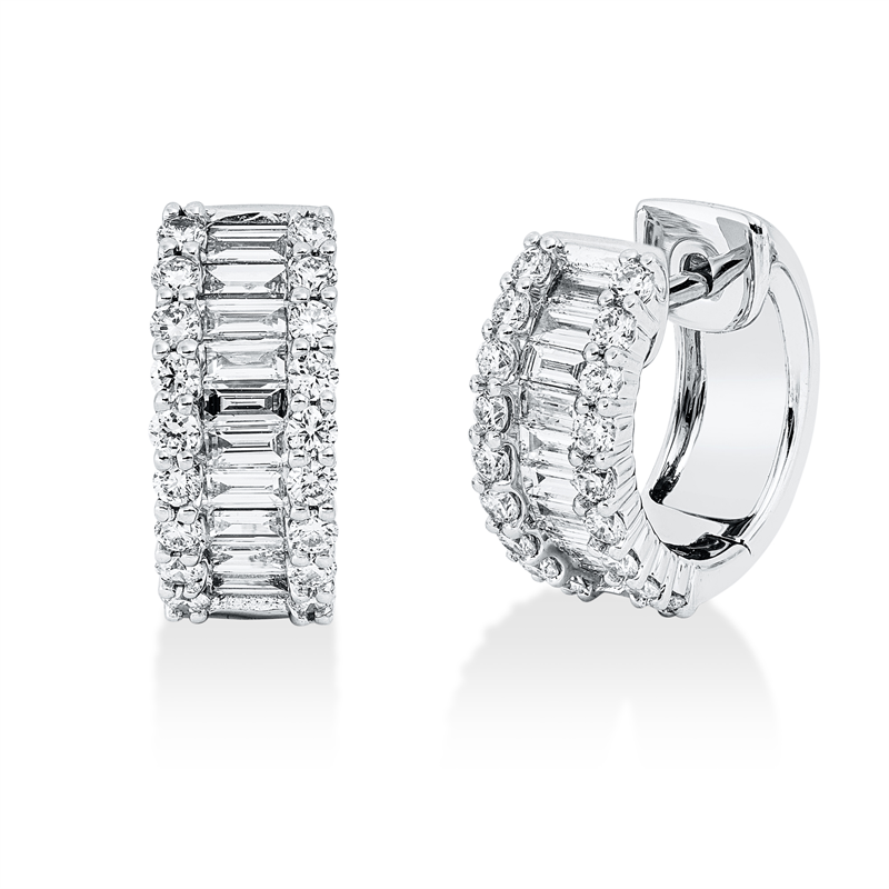Creolen 18 kt WG, 20 Bag. 0,75 ct, TW-vsi, 36 Brill. 0,68 ct, TW-si