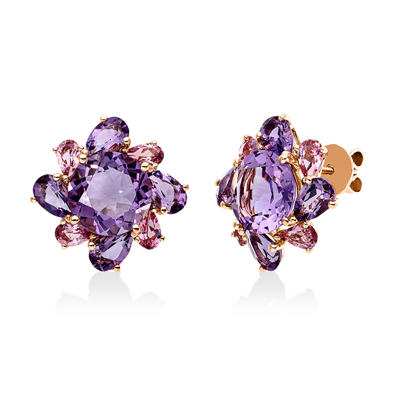 Ohrstecker 18 kt RG, 8 Amethyste 3,00 ct pink, 2 Amethyste 6,80 ct pink, 8 Turmalin 1,50 ct pink