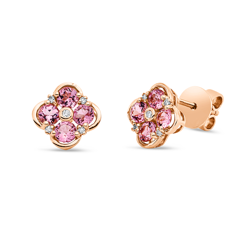 Ohrstecker 18 kt RG, 10 Brill. 0,07 ct, TW-si, 8 Turmalin 1,00 ct pink