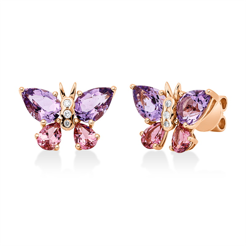 Ohrstecker 18 kt RG, 6 Brill. 0,05 ct, TW-si, 4 Amethyste 2,50 ct pink, 4 Turmalin 1,00 ct pink
