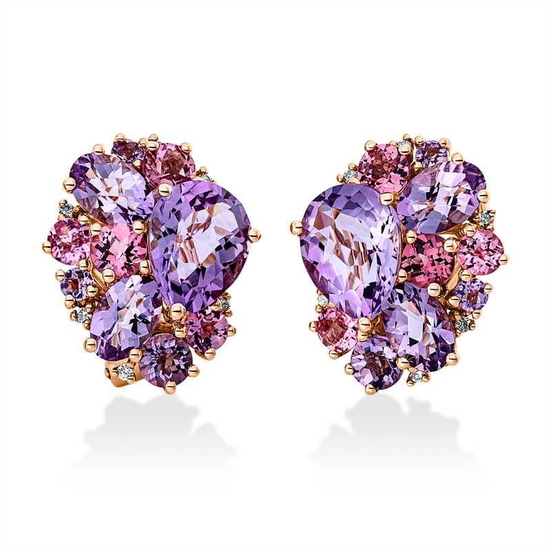 Ohrschmuck 18 kt RG, 12 Brill. 0,08 ct, TW-si, 12 Amethyste 5,40 ct pink, 8 Turmalin 1,30 ct pink