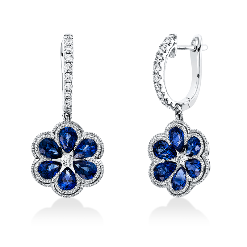 Creolen 18 kt WG, 24 Brill. 0,27 ct, TW-si, 12 Saphire 2,19 ct blau