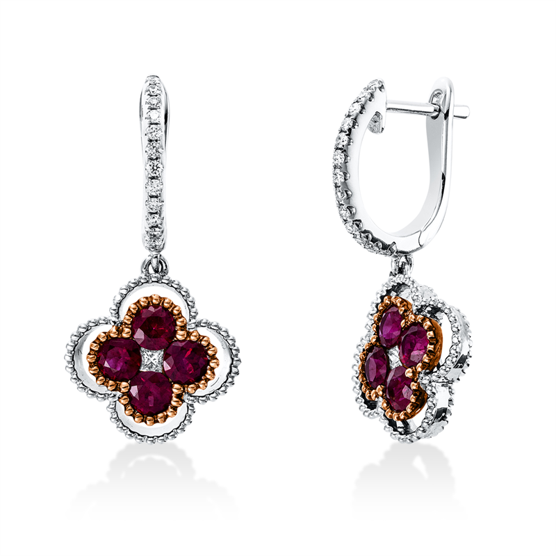 Creolen 18 kt WG+RG, 2 Princ. 0,04 ct, TW-vsi, 26 Brill. 0,13 ct, TW-si, 8 Rubine 1,25 ct rot