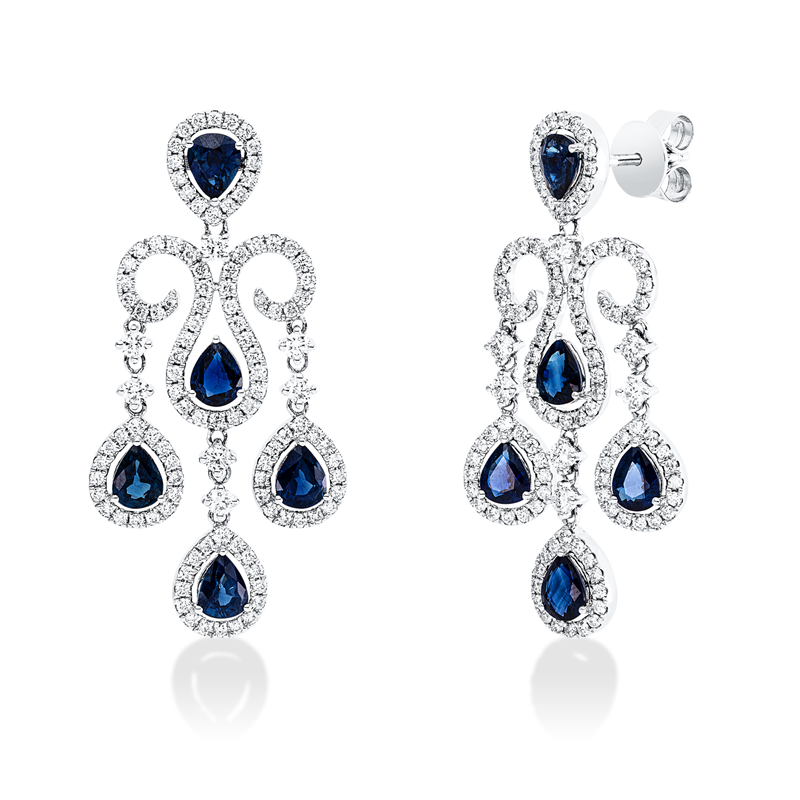 Ohrstecker 18 kt WG, 224 Brill. 1,76 ct, TW-si, 10 Saphire 3,90 ct blau