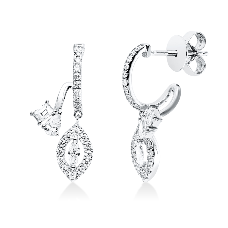 Ohrstecker 18 kt WG, 2 Bag. 0,19 ct, 2 Nav. 0,12 ct, 44 Brill. 0,34 ct, 2 Tropfen 0,17 ct, TW-si