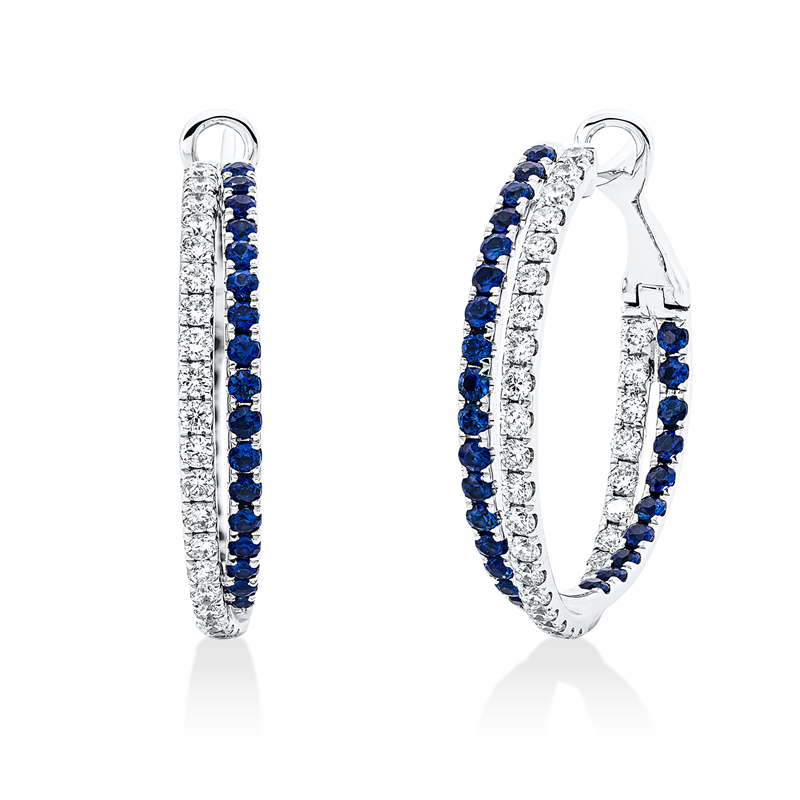 Creolen 18 kt WG, 58 Brill. 0,78 ct, TW-si, 54 Saphire 0,91 ct blau