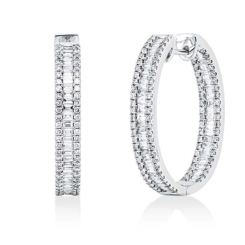 Creolen 18 kt WG, 108 Bag. 0,97 ct, TW-si, 192 Brill. 0,72 ct, TW-si