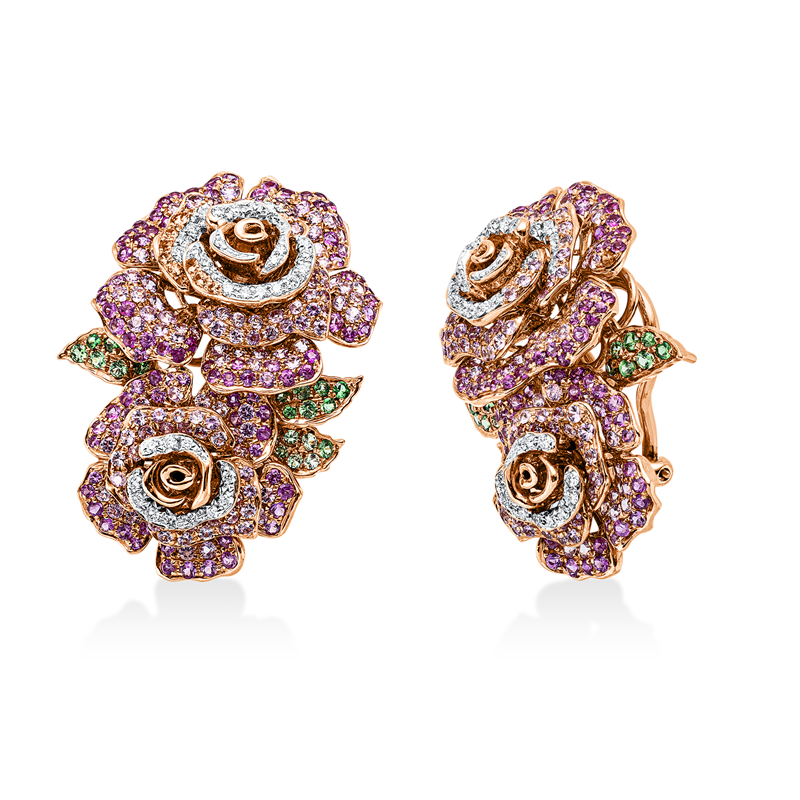 Ohrschmuck 18 kt RG+WG, 76 Brill. 0,44 ct, TW-vsi, 42 Tsavorith 0,40 ct grün, 180 Saphire 1,74 ct pink, 256 Saphire 2,30 ct rosa