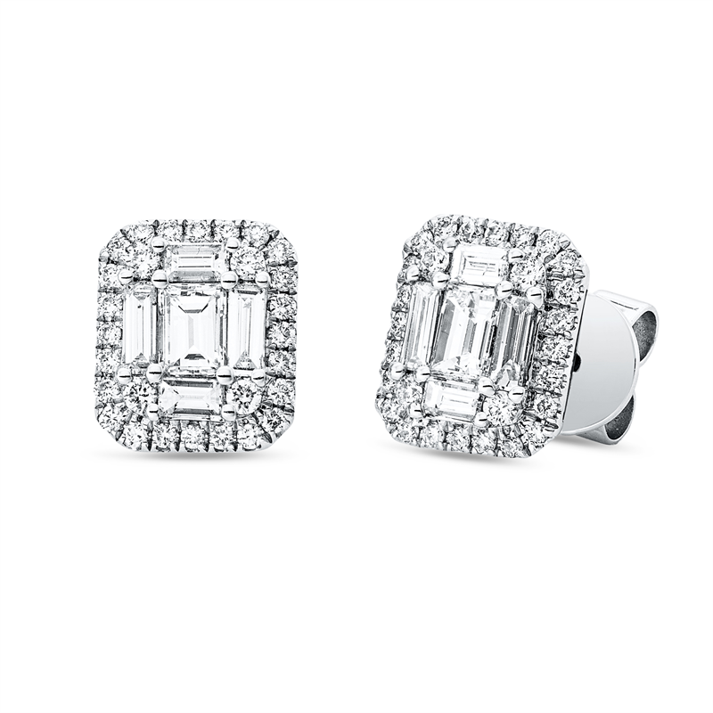 Ohrstecker 18 kt WG, 8 Bag. 0,26 ct, F-vsi/si, 2 Bag. 0,32 ct, F-vsi/si, 56 Brill. 0,25 ct, TW-si