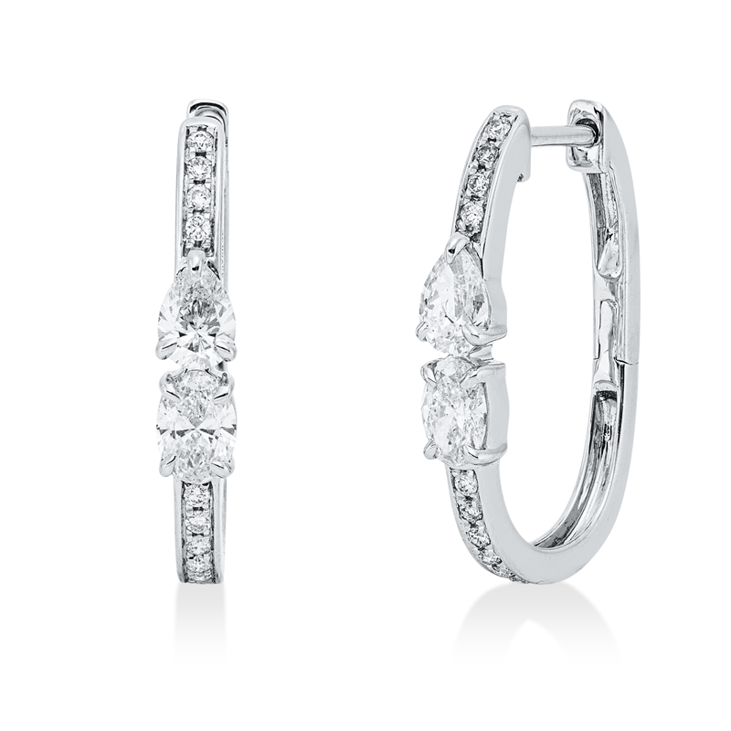 Creolen 18 kt WG, 2 Tropfen 0,38 ct, F-vsi/si, 2 Oval 0,38 ct, F-vsi, 20 Brill. 0,10 ct, TW-si