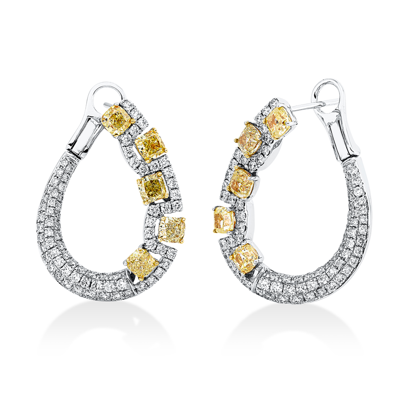 Creolen 18 kt WG+GG, 146 Brill. 1,37 ct, W-si/pi, 10 Cushion 2,64 ct, gelb